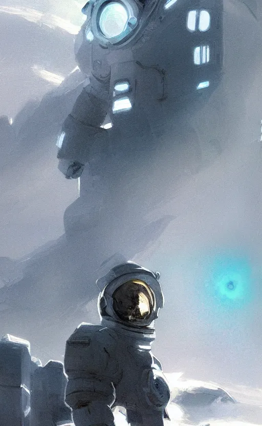 Prompt: a beautiful artwork illustration, concept art sketch of an astronaut in white futuristic cybernetic armor looking at a shining object in the distance, volumetric fog, godrays, high contrast, vibrant colors, vivid colors, high saturation, by Greg Rutkowski and Jesper Ejsing and Raymond Swanland and alena aenami, featured on artstation, wide angle, vertical orientation