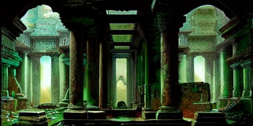 Prompt: beautiful hyperrealistic epic painting of a mysterious intricate cloclwork ruins of the ancient temple, advanced alien technology, a green glowing crystal is inside the temple, by hubert robert and lee madwick and bastien lecouffe deharme, dramatic moonlight lighting