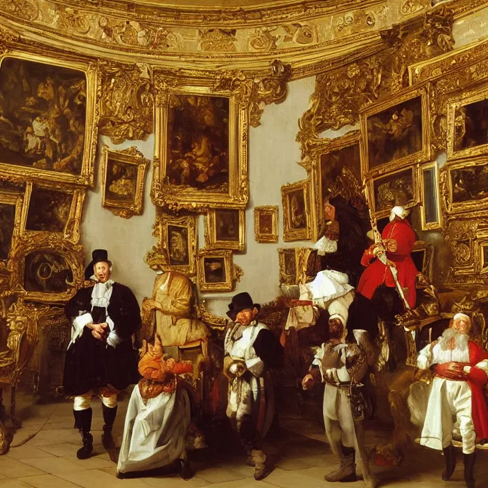 Image similar to fine art, oil on canvas baroque style by diego velasquez. the interior of the royal palace. fine art in the walls and