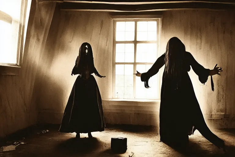 Image similar to levitating goth woman in the attic, demonic magic ritual by Emmanuel Lubezki