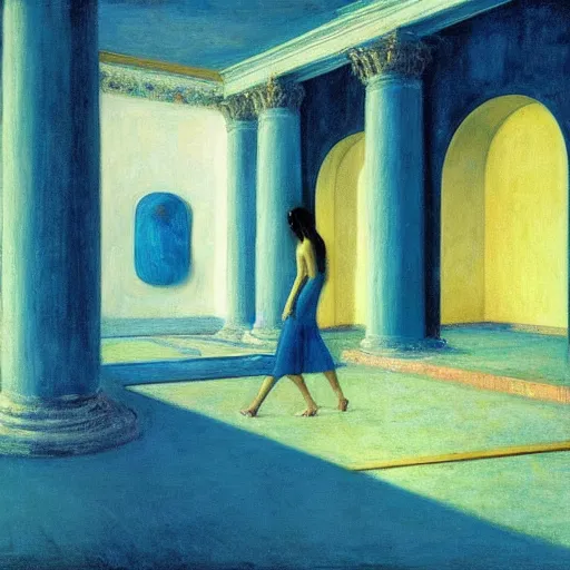 Image similar to procession of women in a blue and gold haunted liminal abandoned temple, film still by edward hopper, by gottfried helnwein, by klimt, art noveau, highly detailed, strong lights, liminal, eerie, bright pastel colors,