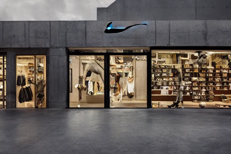 Prompt: beautiful national geographic photo. retail shop by nike, concrete floors, black walls. by greg rutkowski, 4 k, extreme details