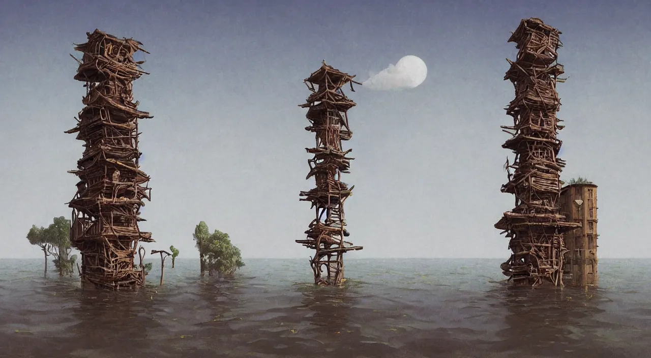 Prompt: single flooded simple tribal wooden tower, very coherent and colorful high contrast!! masterpiece by rene magritte simon stalenhag carl spitzweg syd mead norman rockwell edward hopper james gilleard, minimalist, dark shadows, sunny day, hard lighting