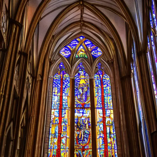 Prompt: majestic view of a stained glass window in a cathedral, lightbeams shining through, subject centered in frame