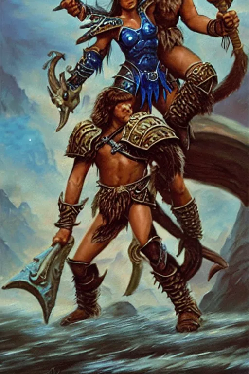 Image similar to a small blue-skinned triton girl wearing scale armor riding on a the shoulders of a large male goliath wearing fur and leather armor, dnd concept art, painting by Jeff Easley