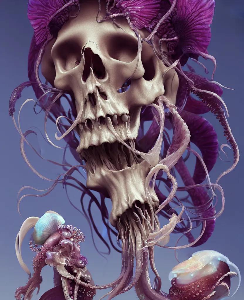 Image similar to goddess close - up portrait human skeleton, ram skull, squid phoenix jellyfish, orchid, betta fish, bioluminiscent, intricate artwork by tooth wu and wlop and beeple. octane render, trending on artstation, greg rutkowski very coherent symmetrical artwork. cinematic, hyper realism, high detail, octane render, 8 k