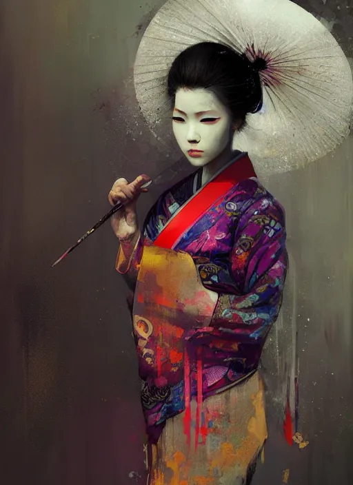 Prompt: female geisha girl, beautiful face, rule of thirds, intricate outfit, spotlight, colourful, by greg rutkowski, by jeremy mann, digital painting
