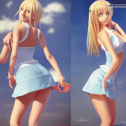 Image similar to full body shot : a very beautiful young blond tennis anime girl, sky blue eyes,, bikini, miniskirt, highly detailed, cinematic wallpaper by stanley artgerm lau