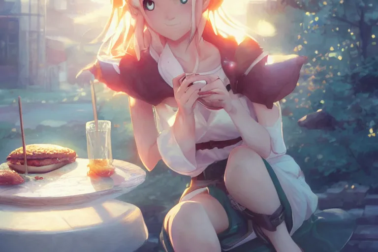 Image similar to adorable elf girl eating a burger, single subject, scenic full shot, ambient lighting, white hair, detailed face, by makoto shinkai, stanley artgerm lau, wlop, rossdraws