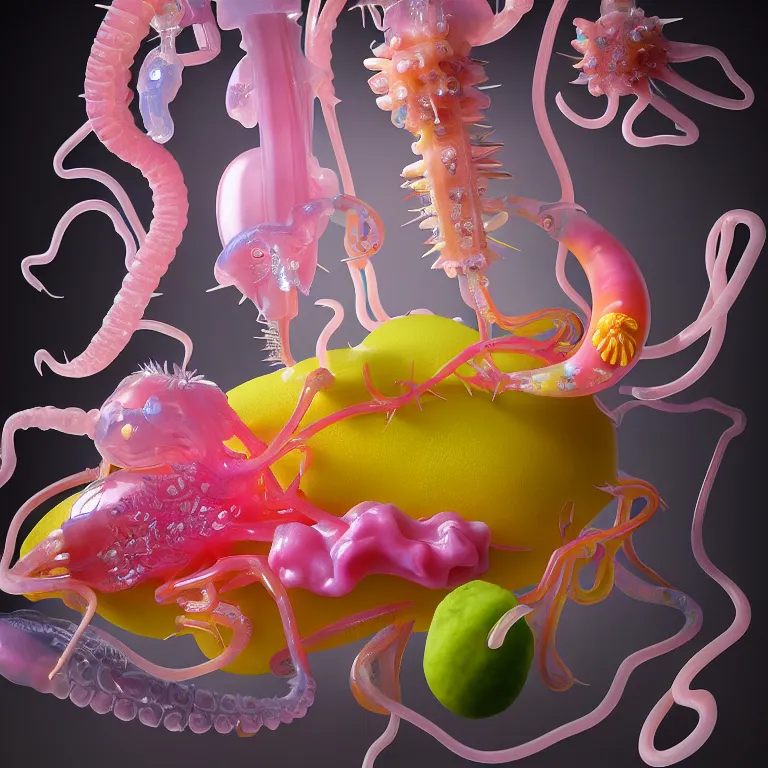 Prompt: still life of beautiful pastel tropical alien flowers, tropical fruit, human spine, plastic transparent translucent squid, colorful mold, muscle tissue, spikes, baroque painting, beautiful detailed intricate insanely detailed octane render, 8K artistic photography, photorealistic, chiaroscuro, Raphael, Caravaggio