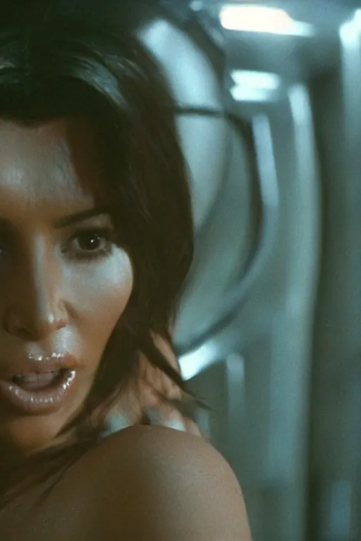 Prompt: film still of kim kardashian in the movie Alien, alien facehugger leached onto her face, scary, cinematic shot, 4k.