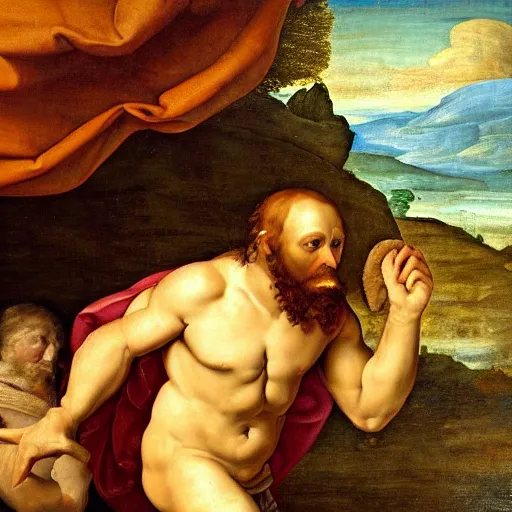 Image similar to renaissance painting of Polyphemus emerging from his cave