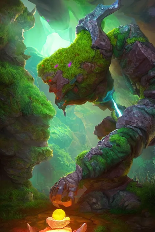 Image similar to arcane fantasy art giant golem elemental wood rock bastion forged gemstone enchanted forest troll, global illumination ray tracing hdr fanart arstation by sung choi and eric pfeiffer and gabriel garza and casper konefal lisa frank zbrush central hardmesh radiating a glowing aura