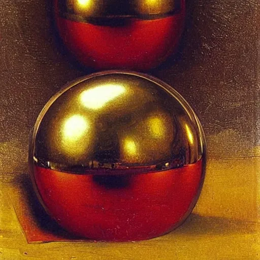 Prompt: chrome spheres on a red cube by john william godward