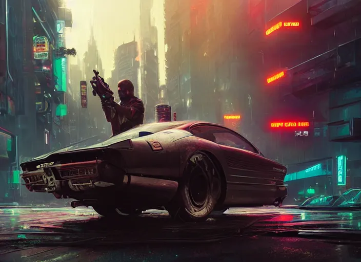 Image similar to quadra type 66 avenger as a Cyberpunk 2077 loading screen, looking at camera, intricate, dystopian, sci-fi, extremely detailed, digital painting, artstation, concept art, smooth, sharp focus, illustration, intimidating lighting, incredible art by artgerm and greg rutkowski and alphonse mucha and simon stalenhag