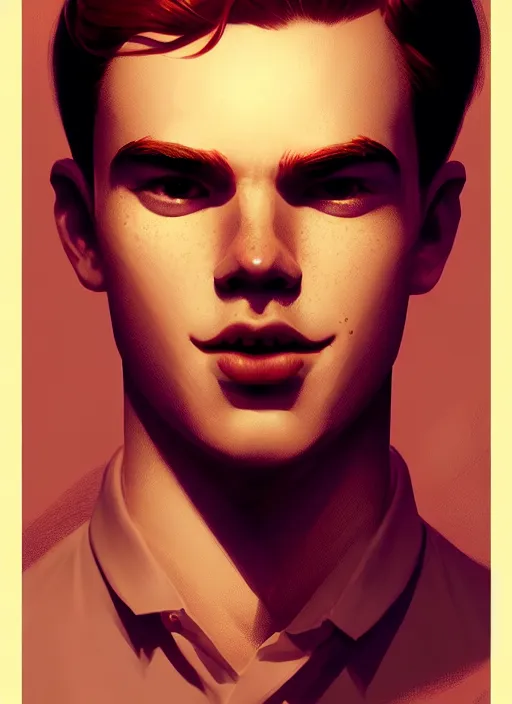 Image similar to portrait of archie andrews, freckles, intricate, elegant, glowing lights, highly detailed, digital painting, artstation, concept art, smooth, sharp focus, illustration, art by wlop, mars ravelo and greg rutkowski