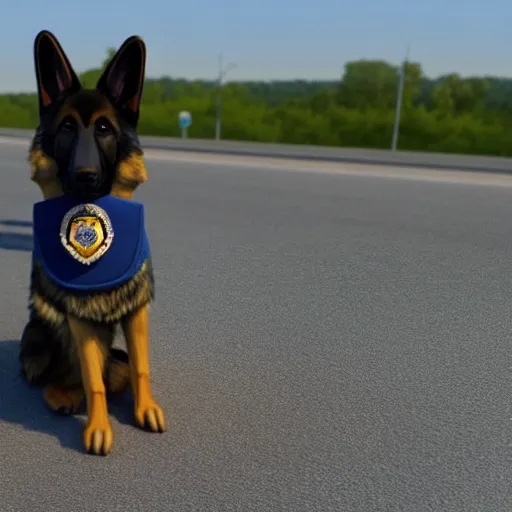 Image similar to police dog german sheperd, 3 d model, cartoony, unreal engine, 4 k, artstation, hyperrealistic, ultra quality, blue uniform, badge on collar, pixar, on a highway offramp