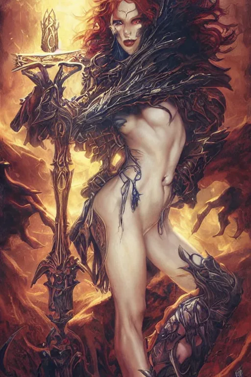 Image similar to young redhead Spellcaster on their knees worshiping spell book, S&D dark fantasy style, sharp focus, ultra detailed, art by Artgerm and Peter Andrew Jones, Karol Bak, Ayami Kojima, Amano and Olivier Ledroit