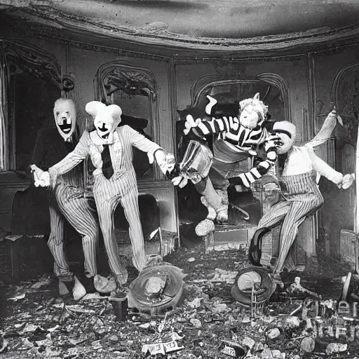 Prompt: old tin plate photograph of clowns throwing an after party at an abandoned Tivoli, realistic, absurd