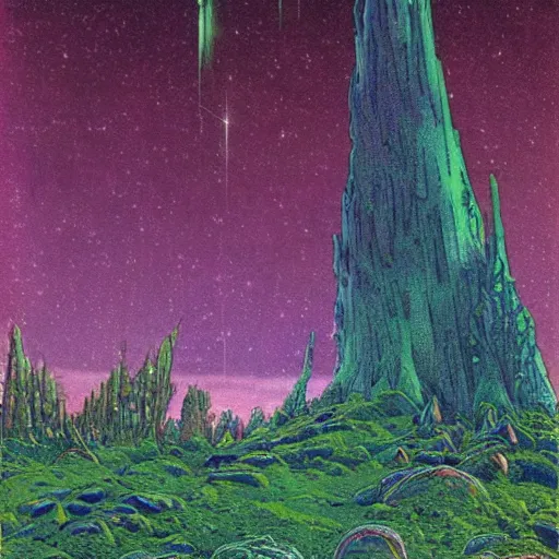 Image similar to an epic concept art, intricate coral, fungal gems, iridescent crystal monoliths, obelisks and an aurora borealis, mossy stumps, cell shading, by moebius, hiroshi yoshida, druillet, colorful, vivid colors