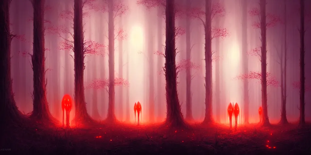 Image similar to strange alien forest, glowing fungus, misty, red glowing horizon, fireflies, ultra high definition, ultra detailed, symmetry, sci - fi, dark fantasy, by greg rutkowski and ross tran