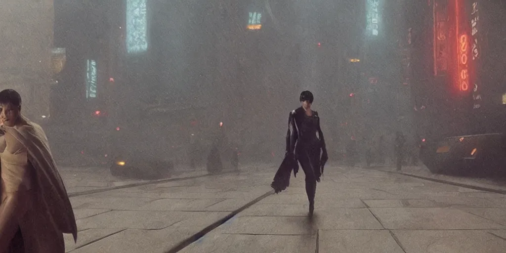 Image similar to screenshot from a blade runner movie, intricate, elegant, highly detailed, cinematic, rendered in the unreal engine, greg manchess, mucha, liepke, ruan jia, jeffrey catherine jones, ridley scott