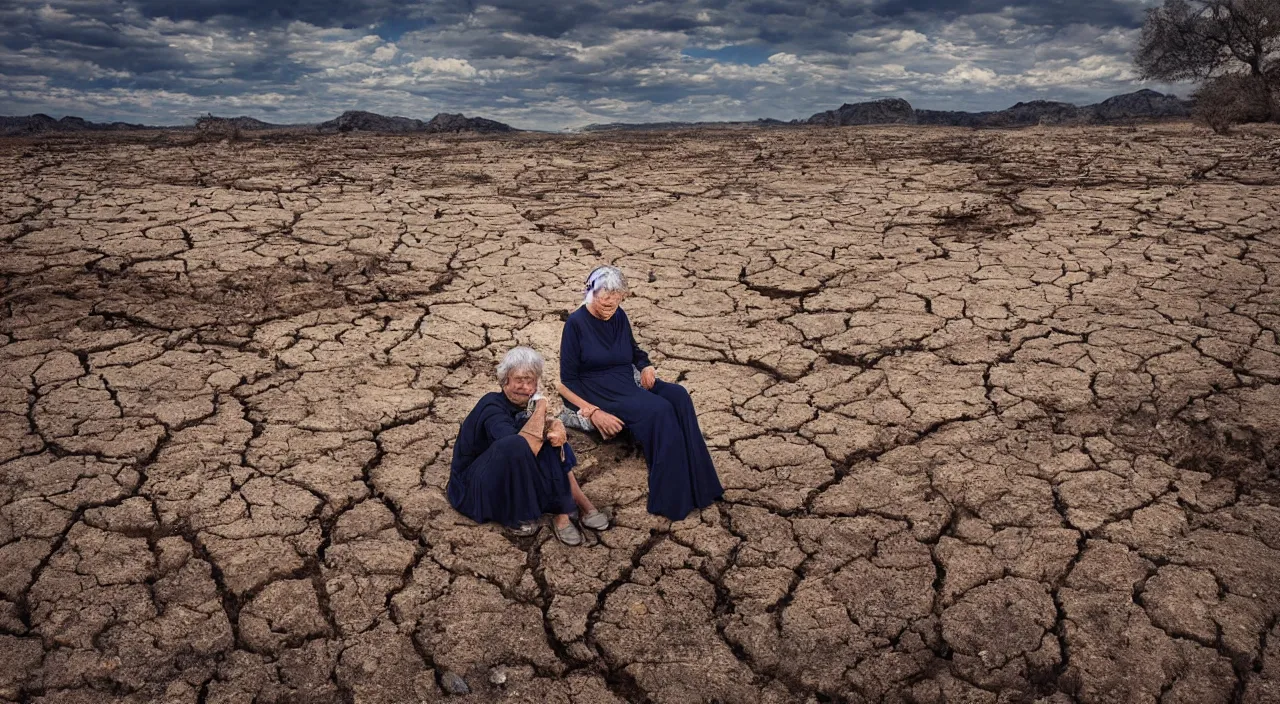 Image similar to 65-year-old Gaia crying unemotionally as she sits on a dried up river in a desolate land, blue sky, hot and sunny, highly-detailed, elegant, dramatic lighting, artstation, 4k, cinematic landscape, photograph by Elisabeth Gadd