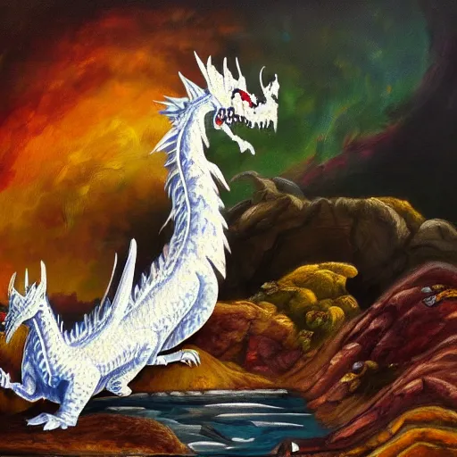 Image similar to highly detailed oil painting of a white dragon sitting in a colorful hotspring within a dark cavern