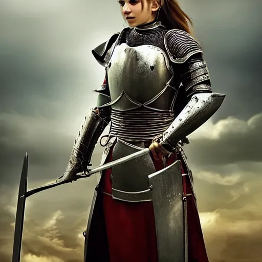 Image similar to a beautiful female knight without any battle experience who only came to see a dragon, symmetrical, cinematic, real photography