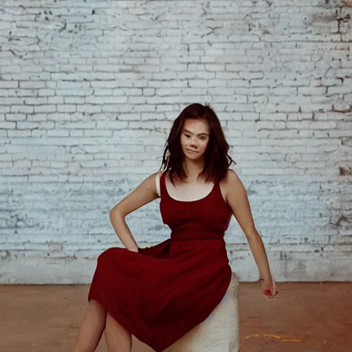 Prompt: a photo of a beautiful brown hair woman in a sun dress in a studio, an industrial studio with large windows and red brick walls, medium shot, 85mm lens, Kodak Portra 400 film, trending on Instagram