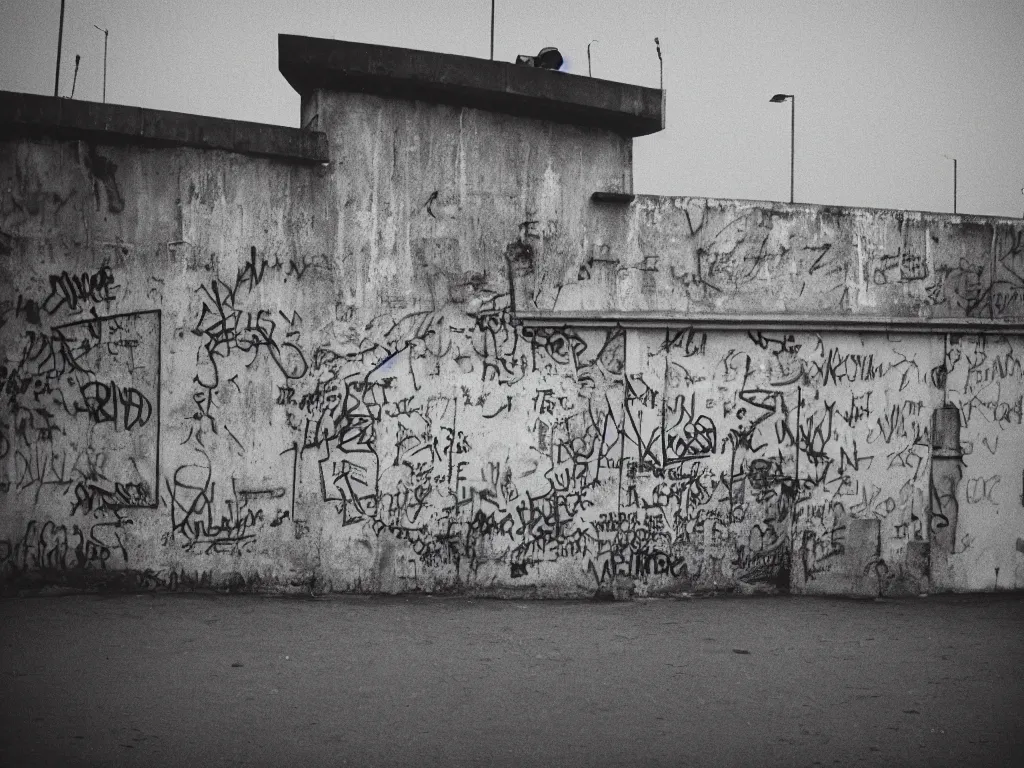 Image similar to “35mm film photography of Berlin Wall, concrete, bright graffiti, barbed wire, patrol towers, armed soldiers, guarded, barrier, heavy rainfall, dim street lights, fog, night, cinestill 800t, grain”