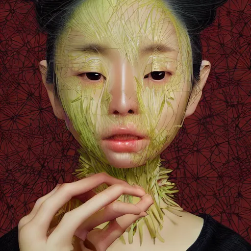 Image similar to the portrait of an incredibly cute and sophisticated japanese woman partially made of onions of all colors, an ultrafine detailed illustration by james jean, final fantasy, intricate linework, bright colors, behance contest winner, vanitas, angular, altermodern, unreal engine 5 highly rendered, global illumination, radiant light, detailed and intricate environment