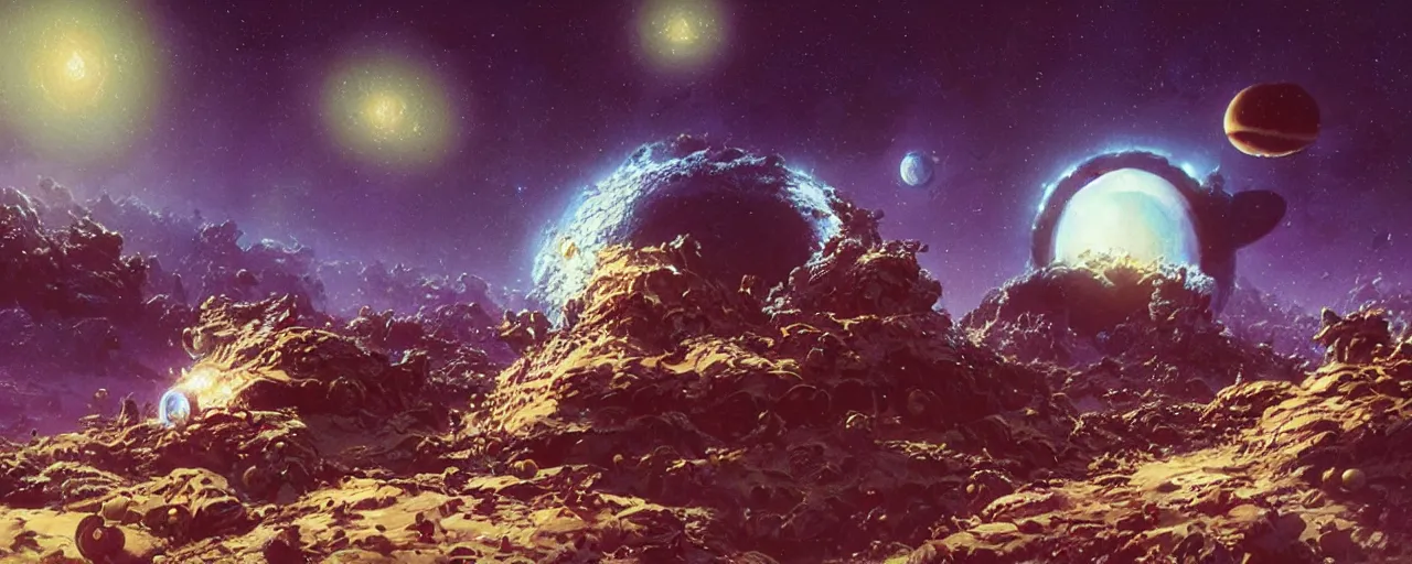 Prompt: ” outer planet covered in whipped cream, [ art by paul lehr, cinematic, detailed, epic, widescreen, opening, establishing, mattepainting, photorealistic, realistic textures, octane render ] ”