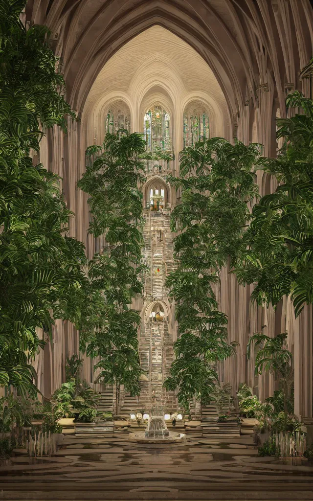 Image similar to beautiful grand cathedral interior with koi! pond!! in the! middle! surrounded by palm trees, ivy, flowers!!, tropical plants, roses!!, and with archways, rendered in octane render with photorealistic volumetric cinematic lighting, wide angle, horizontal symmetry, symmetrical! 8 k