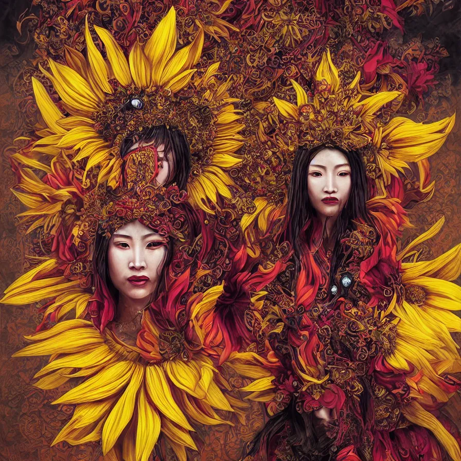 Prompt: Sunflower Chinese goddess-queen and her open third-eye, wearing an helianthus crown and a black brown and yellow dress, colourful, dark-red background, surreal, dramatic lighting, face, detailed, intricate, elegant, highly detailed, digital painting, artstation, concept art, smooth, sharp focus, illustration, art by Sam Spratt, Dan Mumford, Artem Demura and Alphonse Mucha