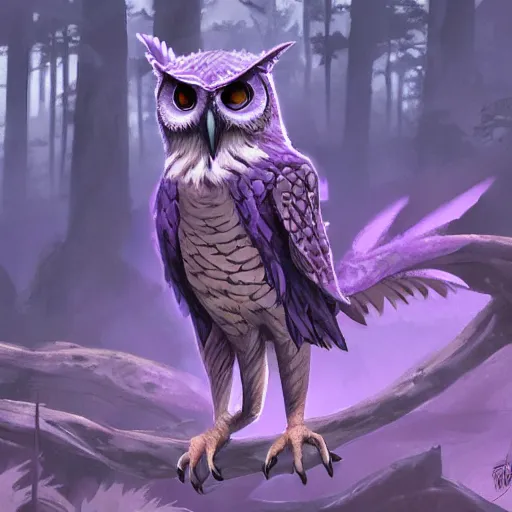 Prompt: concept art painting of an anthropomorphic purple gray dragon owl creature, in the deep forest, realistic, detailed, cel shaded, in the style of makoto shinkai and greg rutkowski and james gurney