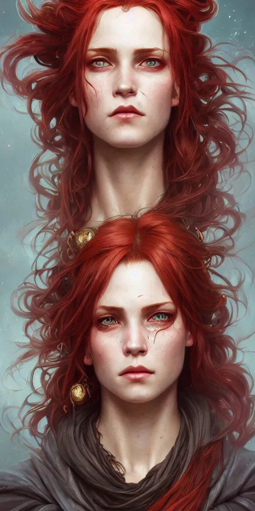 Image similar to portrait of a young ruggedly beautiful but joyful pirate, female, femenine, upper body, red hair, long hair, d & d, fantasy, piercing eyes, intricate, elegant, highly detailed, digital painting, artstation, concept art, matte, sharp focus, illustration, art by artgerm and greg rutkowski and alphonse mucha