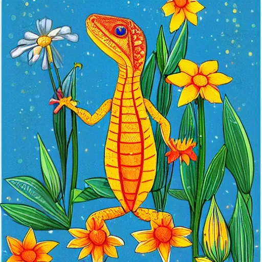 Prompt: a beautiful little lizard stands on a porch dotted with many flowers, fairytale illustration