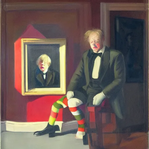 Image similar to a highly detailed fine art portrait of british prime minister boris john wearing a clown costume. in the style of edward hopper, richard hamilton and stanley kubrick.