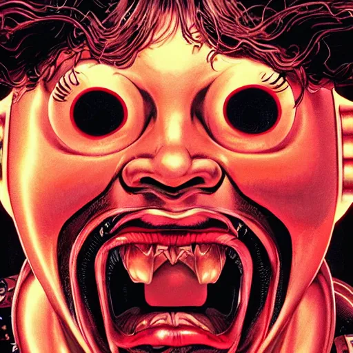 Prompt: portrait closeup of crazy screaming cyber post malone with red robotic eyes, symmetrical, by yoichi hatakenaka, masamune shirow, josan gonzales and dan mumford, ayami kojima, takato yamamoto, barclay shaw, karol bak, yukito kishiro