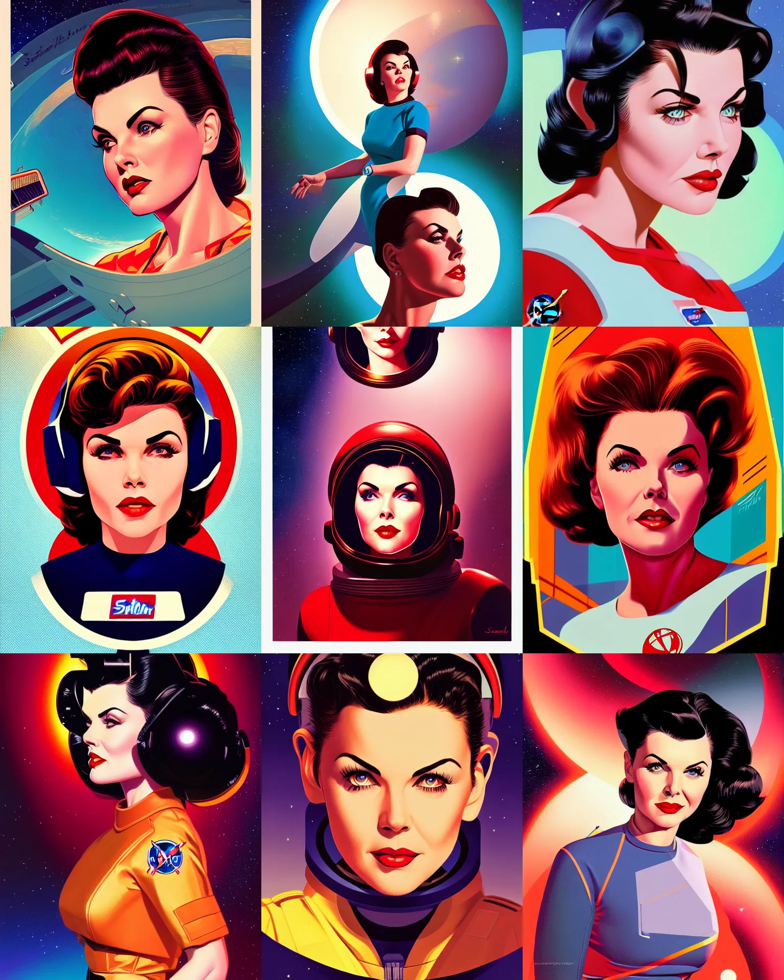 Prompt: sherilyn fenn 2 6 years old astronaut. forbidden planet, retro futurism, half portrait by stanley artgerm, dramatic lighting, ilya kuvshinov, trending on artstation, flat colour, geometric curves, gradient filter, pleasing tone colours, art deco patterns