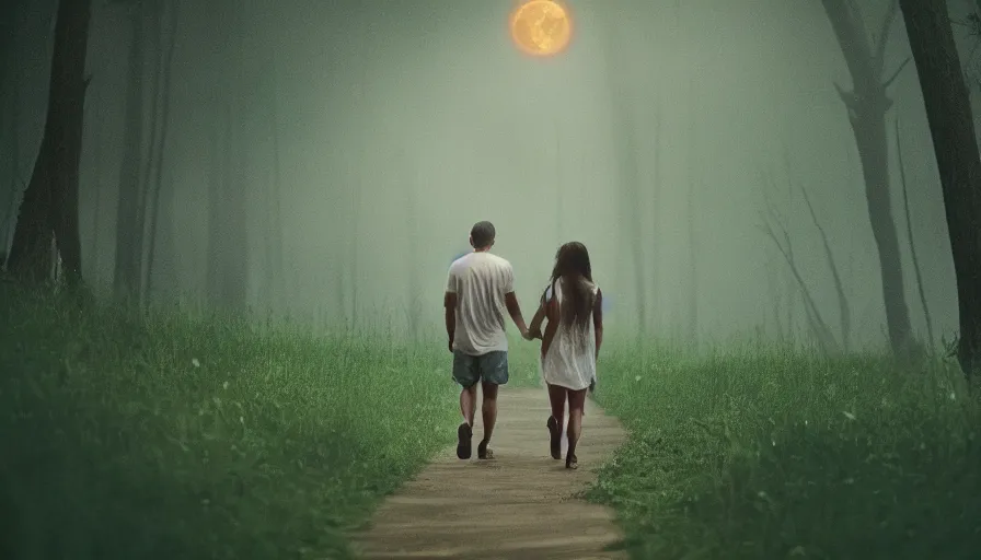 Image similar to a couple walking in the middle of fireflies the color of the moon, cinematic lighting, wow, establishing shot