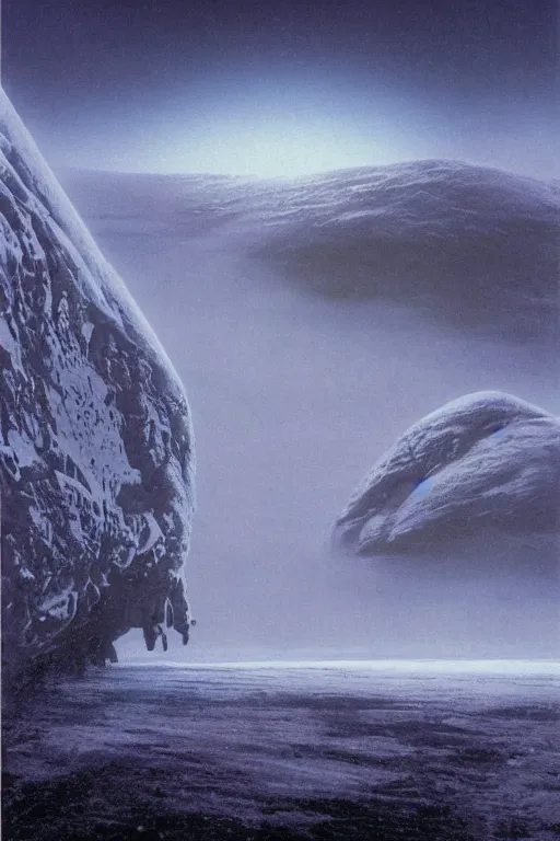Prompt: emissary space by arthur haas and bruce pennington and john schoenherr, snow, cinematic matte painting, 8 k, planet hoth, dark color palate, mountainscape