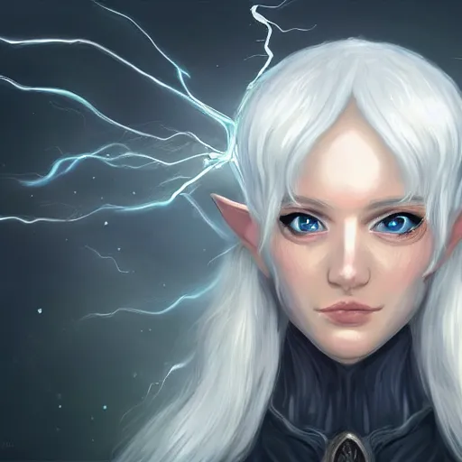 Image similar to Beautiful white haired aged fair skinned scholar elf with spell scroll and lightning background, full body, symmetrical, realism, digital painting, detailed artwork, portrait, mythical, artstation