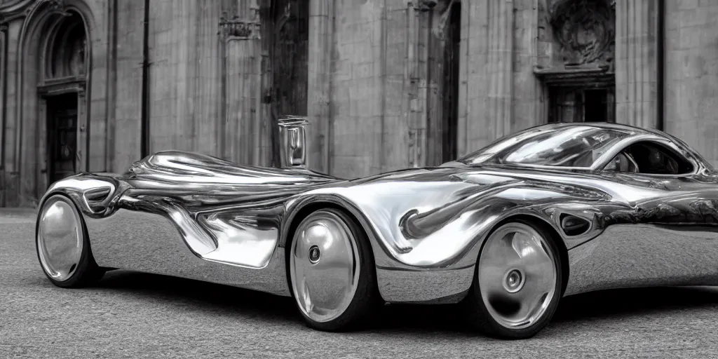 Prompt: Photo of a chrome sports car designed by Rene Magritte, sigma 50mm, ƒ/8, hyper detailed.