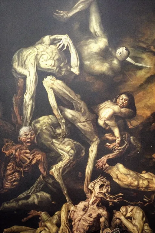 Image similar to the last human on earth, detailed baroque oil painting, dark, disturbing