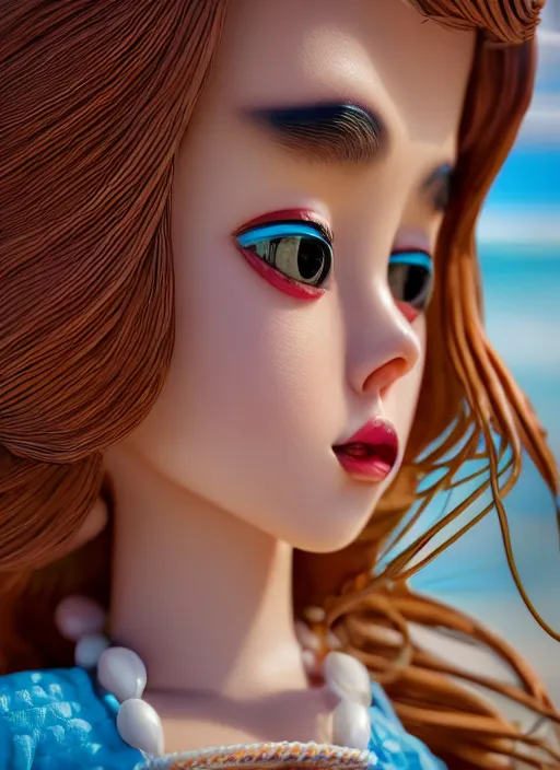 Prompt: closeup profile portrait of tin toy bikini girl beach, depth of field, zeiss lens, detailed, symmetrical, centered, fashion photoshoot, by nicoletta ceccoli, mark ryden, lostfish, breathtaking, 8 k resolution, extremely detailed, beautiful, establishing shot, artistic, hyperrealistic, octane render