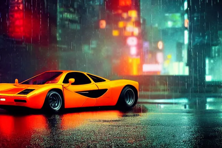 Prompt: a 1 9 7 8 mclaren f 1, speeding down tokyo highway in the rain, night time, neon lights, thunderstorm, movie still from the movie bladerunner 2 0 4 9