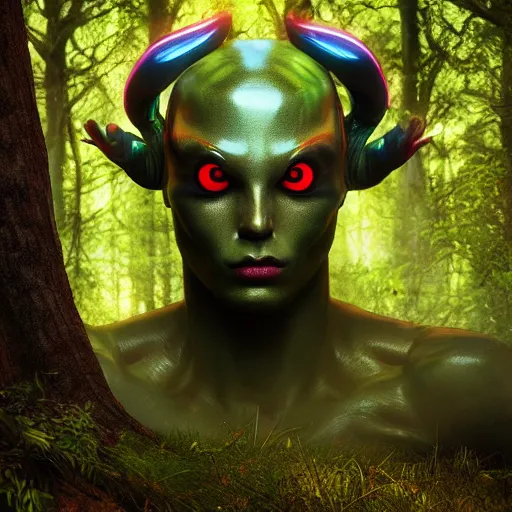 Prompt: A hyper real comic book style portait painting of a godlike alien creature with eletric energies in the woods, unreal 5, hyperrealistic, octane render, cosplay, RPG portrait, dynamic lighting