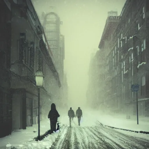 Prompt: street, snowstorm, silhouette in the distance, monster, creepy, horror, hyper realistic,